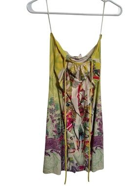 Yellow Asian Print Dress with Front Drawstring Tie